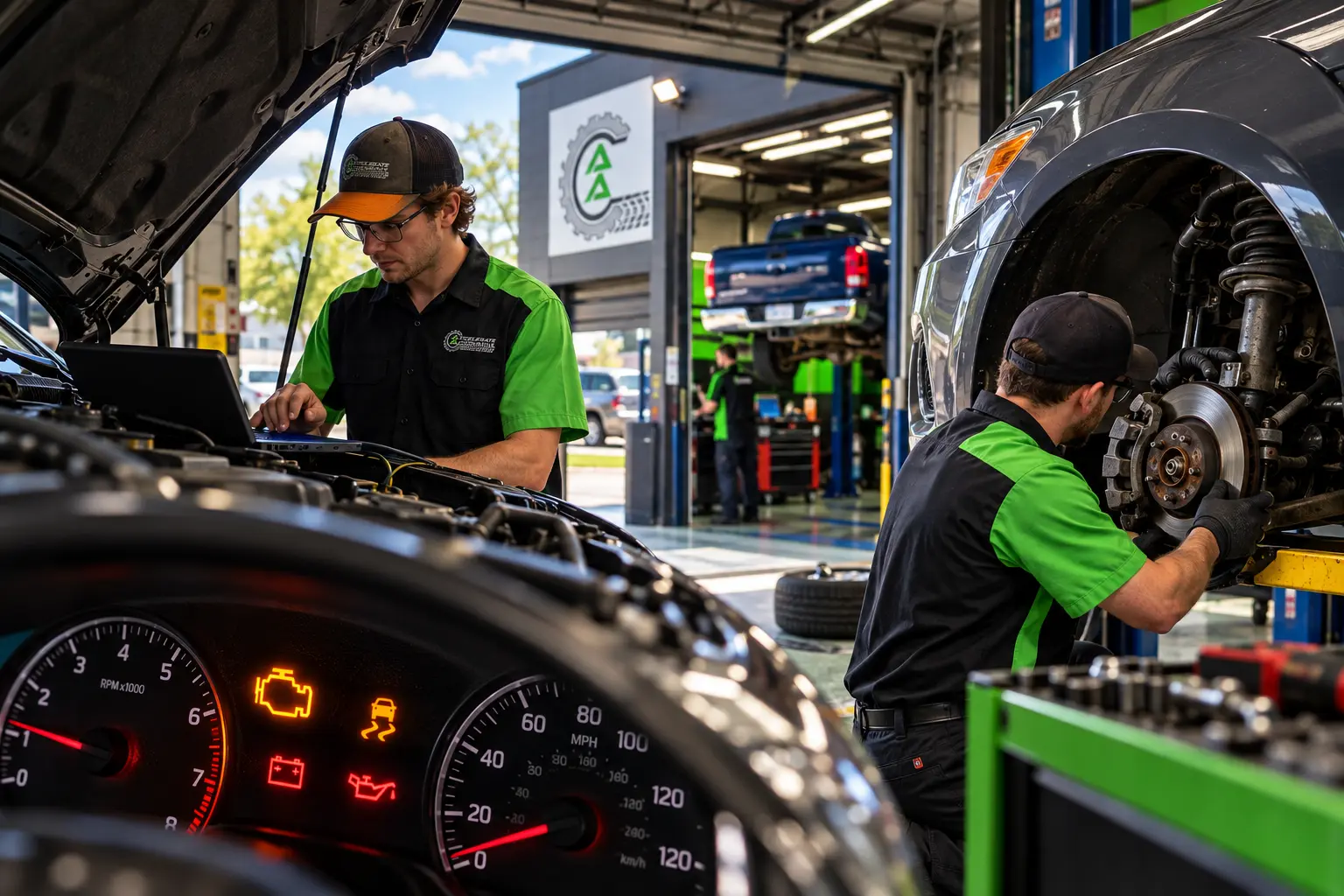 Technicians diagnosing warning lights and inspecting brakes at Accelerate Automotive in York PA