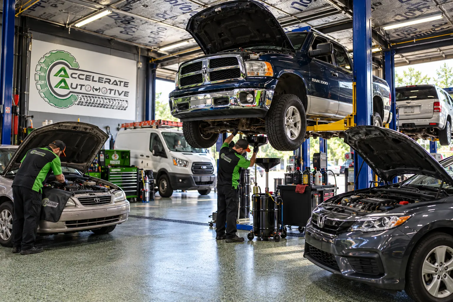 Technicians performing full service oil changes on multiple vehicles at Accelerate Automotive in York, PA