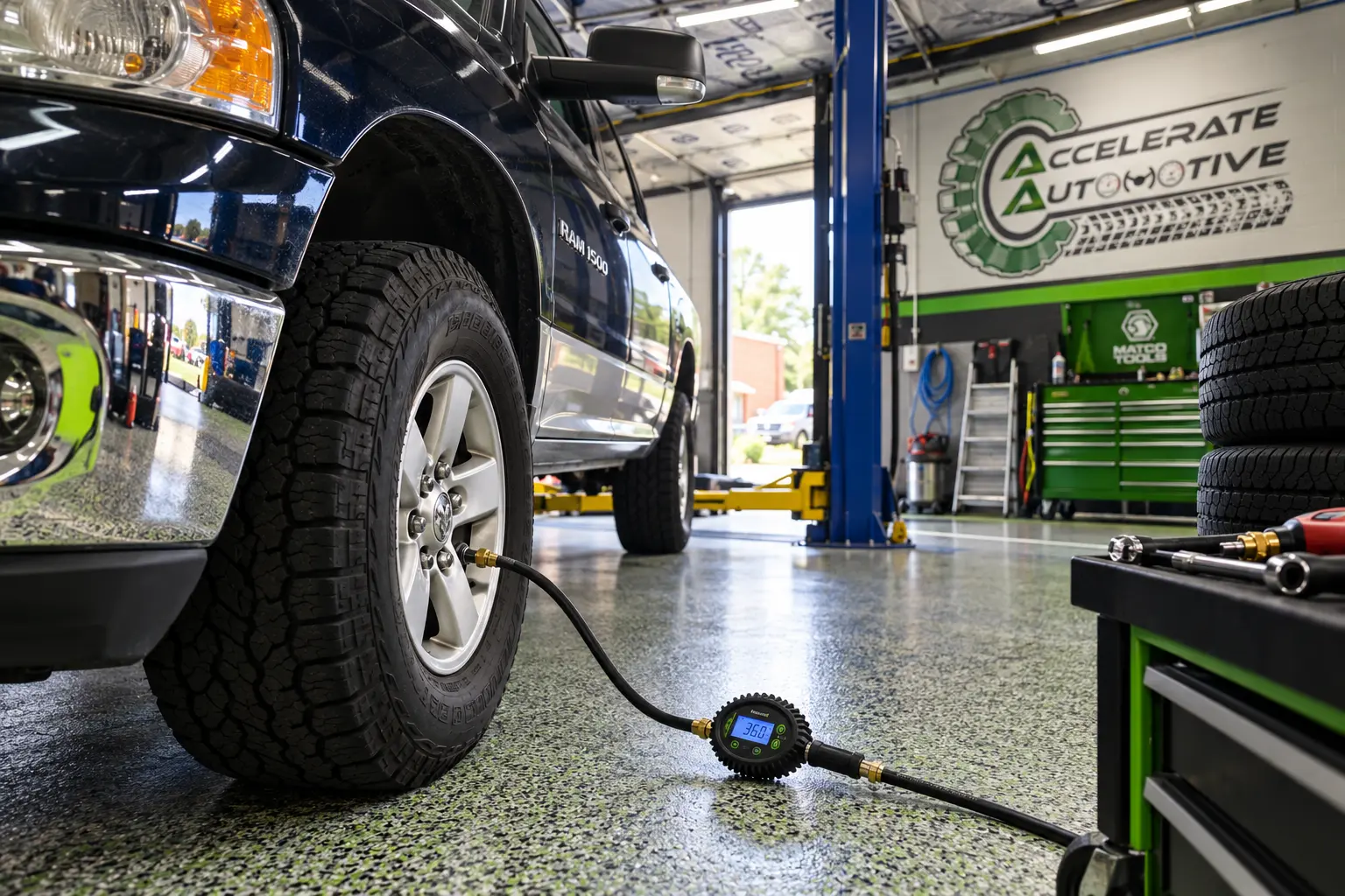 Truck tire pressure being checked with a digital gauge at Accelerate Automotive in York, PA